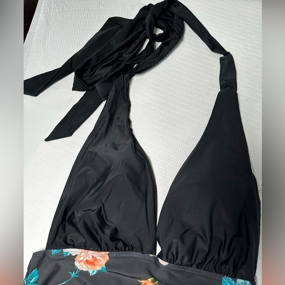 FLORAL SWIMSUIT XL One Piece Halter Back Out Deep V Neck Plunge Wireless Women - Picture 6 of 12